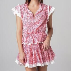 MISA Los Angeles Lilian Pink Floral Ruffle Mini Dress Flutter Sleeve XS Boho EUC